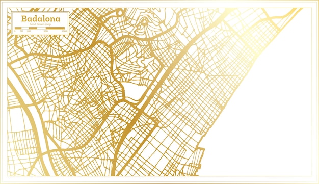 Mappa della città di badalona in spagna in stile retrò in colore dorato