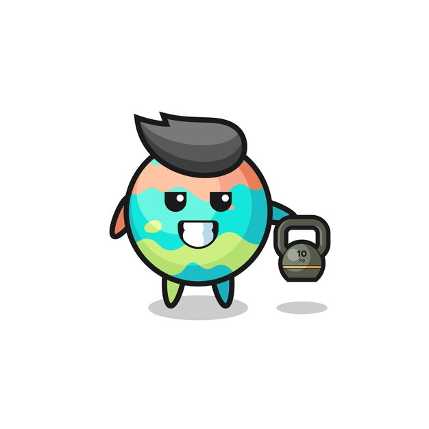 Badbommenmascotte die kettlebell opheft in de sportschool, schattig ontwerp