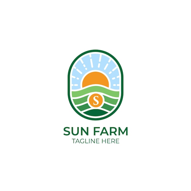 Badge illustration of farm field with sun and initial