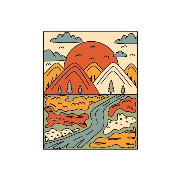 Badge met bergen weg en maan in doodle stijl Het concept van camping reizen Hand getrokken