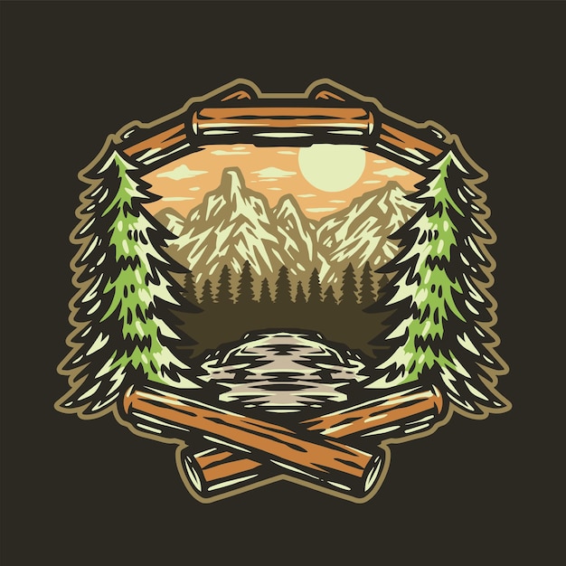 Vector badge nature scenery mountain view hand drawn illustration