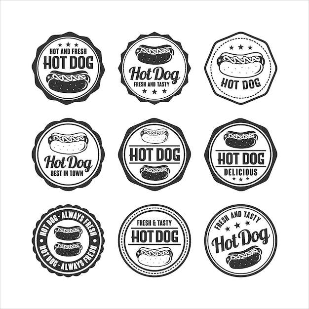 Vettore francobolli distintivi nove hot dog design collection