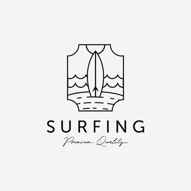 Badge of vacation beach surf line art vector logo illustration design of extreme sport surfing logo