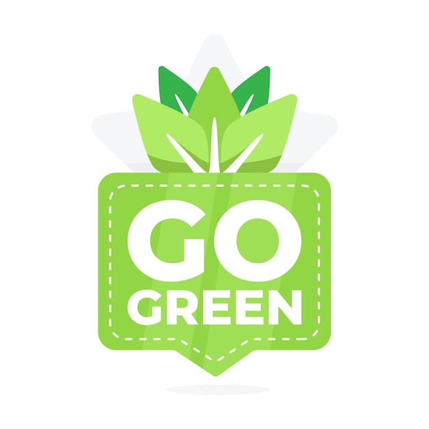 GO GREEN 텍스트와 잎 모티브를 가진 배지는 환경 의식과 친환경 관행을 촉진합니다.