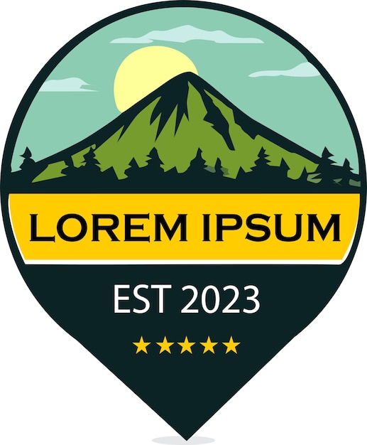 A badge with a mountain and trees on it