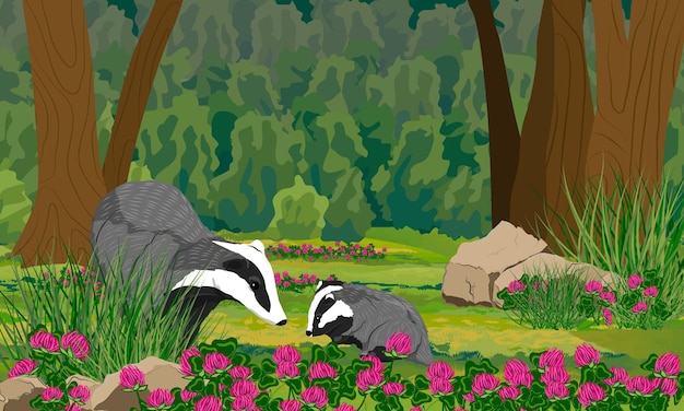 Badger and her cub in a dense forest with trees bushes and a clearing with blooming clover