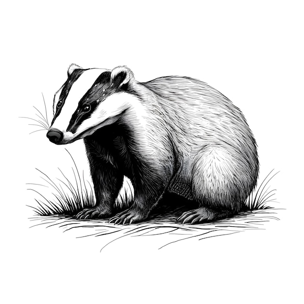 Badger monochrome ink sketch vector drawing engraving style illustration