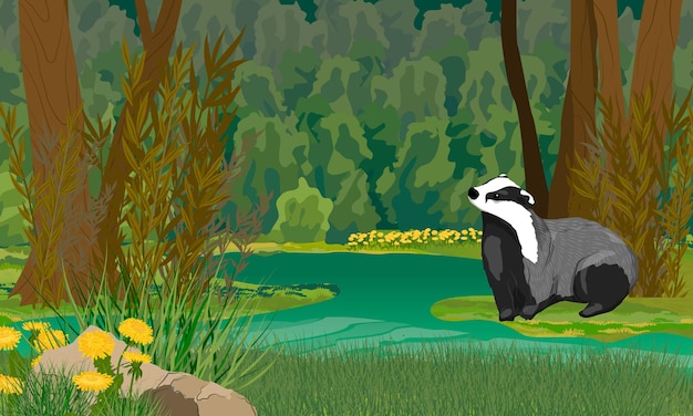 Badger on the shore of a forest swamp Dark summer forest with shrubs and yellow flower