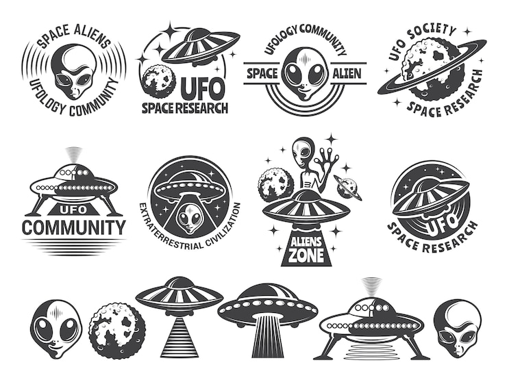 Vector badges instellen met ufo en aliens.