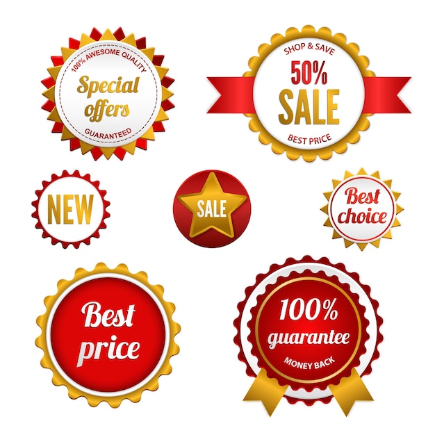 badges, labels and stickers with various inscriptions on retail. designed in red colors.