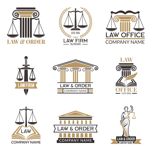 Vector badges of law and legal, hammer of judge, legal code black setof labels for jurisprudence, legal notes