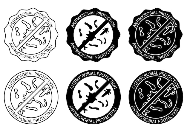 Badges for material with antimicrobial and antiviral protection. antibacterial protection resistant to microorganisms product. antimicrobial coating defense information sign. vector illustration