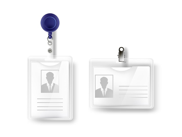 Badges met naam of id-tag set identificatiekaarten met lanyard of koord twee plastic mock-up sjablonen voor conferentie-evenementen kantoormedewerker pass op witte achtergrond