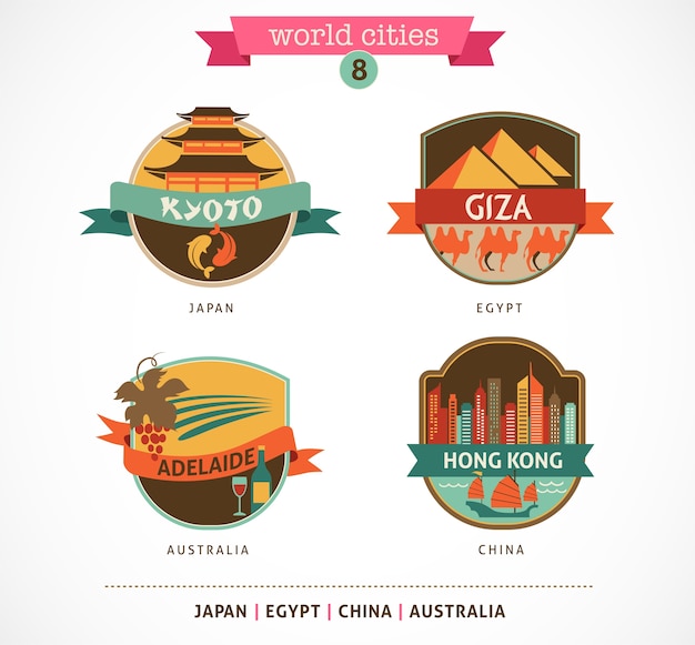 Badges van wereldsteden - Kyoto, Gizeh, Adelaide, Hong Kong