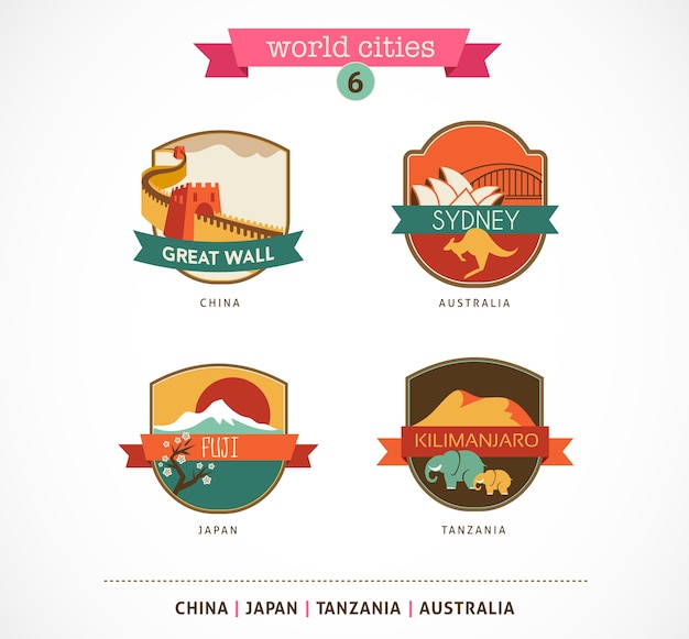 Badges van wereldsteden - Sydney, Great Wall, Fuji, Kilimanjaro