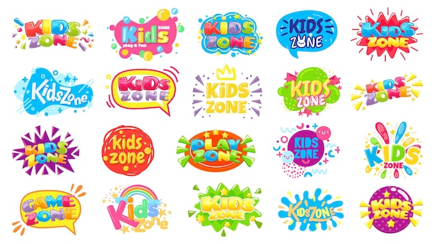 Badges voor kinderen. kid-speelkamerlabel, kleurrijke game-banner en grappige badgeset.