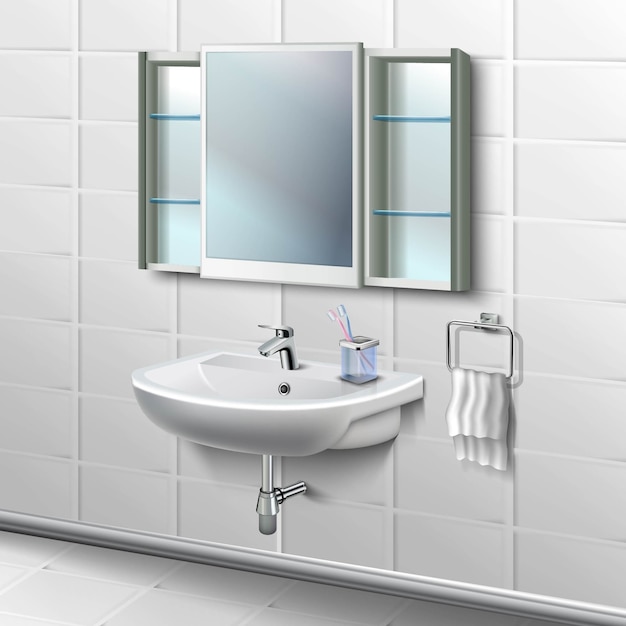 badkamer tegels interieur illustratie. Wc-porseleinen wastafel met kraan en witte handdoek aan de zijkant hangend en beker met borstels en spiegel met planken.