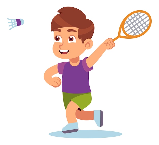 Vector badminton boy with racket and shuttlecock play game outdoors happy preschool athlete sport activity in school or kindergarten vector cartoon flat style isolated illustration