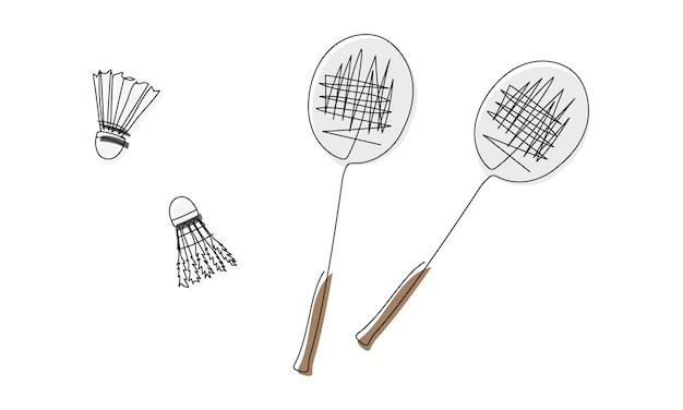 Vector badminton colored set with racket and shuttlecock one line art continuous line drawing