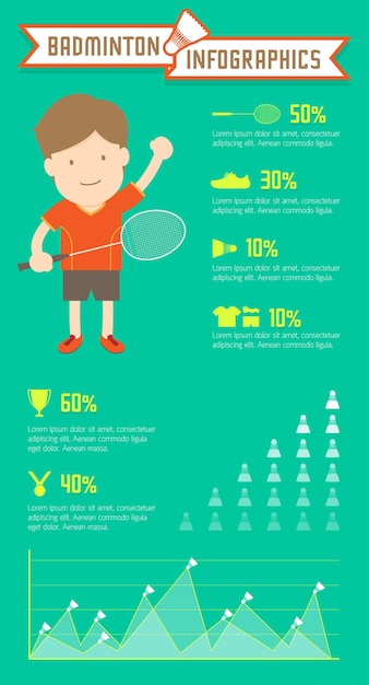 Badminton infographics man player on green background