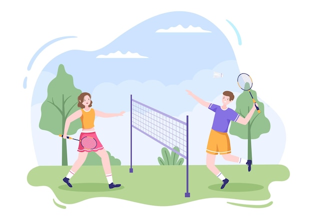 Giocatore di badminton con navetta sul campo in un fumetto piatto illustrazione felice di giocare a sport