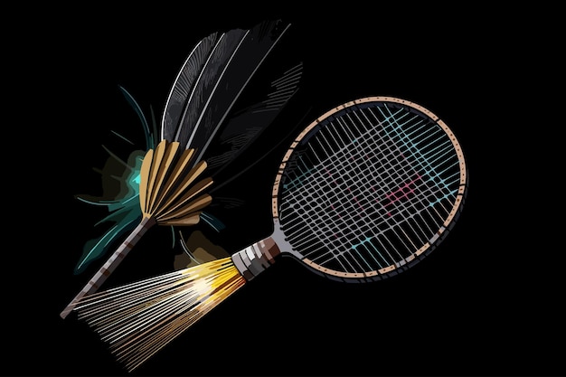Shuttlecock e racchetta di badminton su sfondo nero