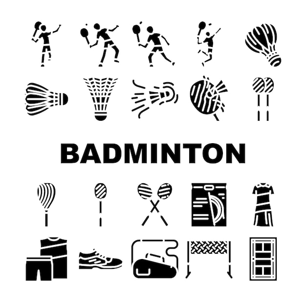 Vector badminton shuttlecock competition icons set vector racket sport game tournament athlete player activity play action championship badminton shuttlecock competition glyph pictogram illustrations