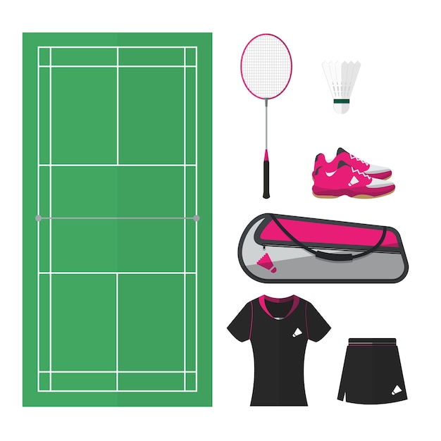 Vector badminton things, top view of court and female equipments. simple flat design.