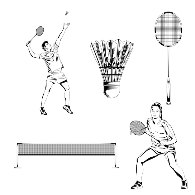 Vector badminton uitrusting en spelers set stock vector