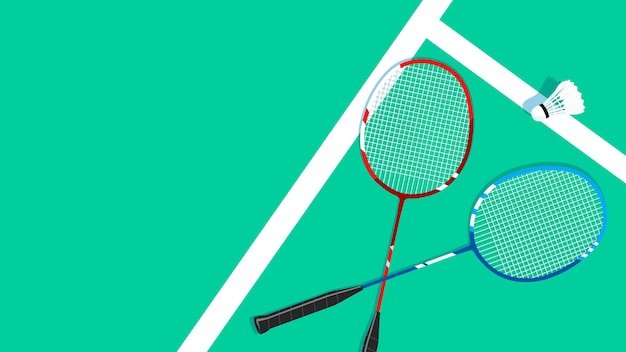 Badmintonrackets en shuttlecock op de vectorillustratie van het veld