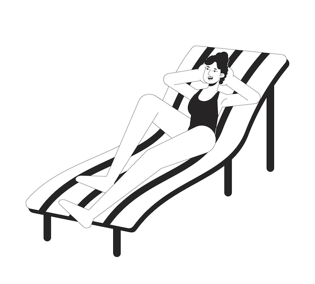 Badpak vrouw liggend op ligstoel platte lijn zwart wit vector karakter