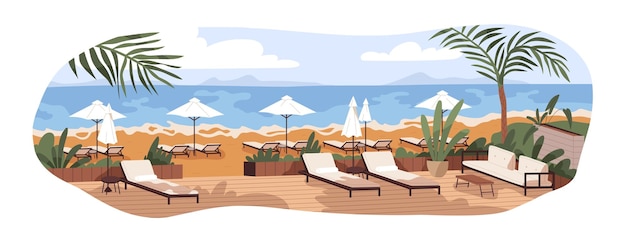 Vector badplaats, luxe strandlandschap. zomerparadijs met ligbedden, parasols, houten terras aan de oceaankust. ligstoelen en parasols. platte grafische vectorillustratie geïsoleerd op een witte achtergrond