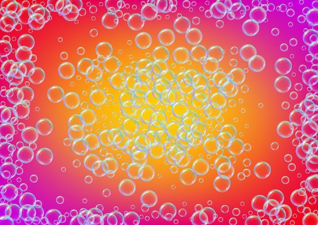 Badschuim op gradiëntachtergrond. Realistische 3d waterbellen. Cool regenboogkleurig vloeibaar schuim met shampoo bubbels. Horizontale cosmetische flyer en uitnodigen. Badschuim voor badkamer en douche.