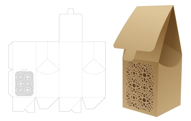 스텐실 패턴 창 다이 컷 템플릿 및 3d 모형이 있는 가방 상자
