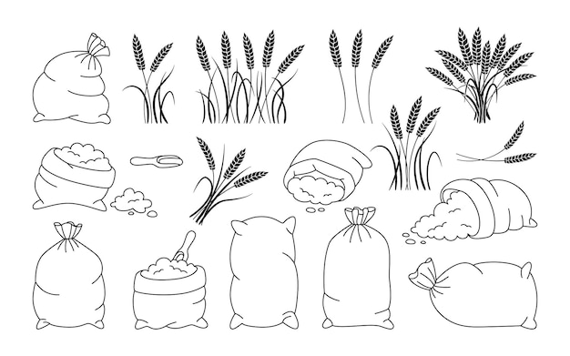 가방 밀가루와 밀 귀, 검은 선 세트 힙 밀가루, 곡물 작은 이삭 수집
