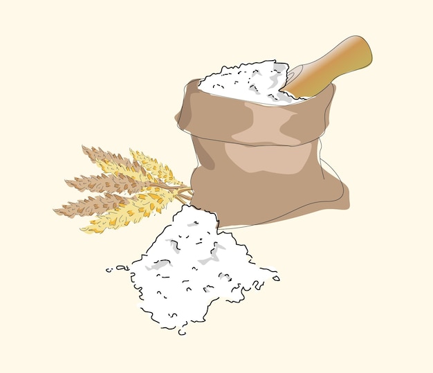 Bag of flour shovel and ears of wheat Vector illustration a handful of flour