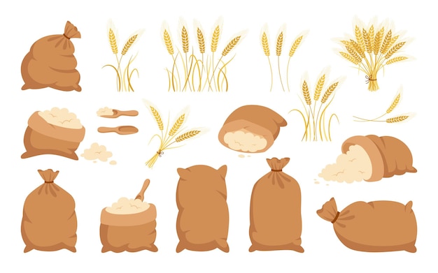 Bag flour and wheat ears, cartoon set heap flour, gold grain spikelets collection