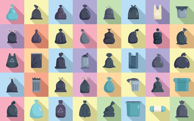 Мешок для мусорных иконок устанавливает плоский вектор пищевой мусор
