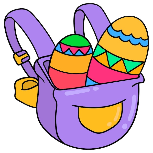 Una borsa piena di uova di pasqua. emoticon di cartone. disegno dell'icona scarabocchio, illustrazione vettoriale