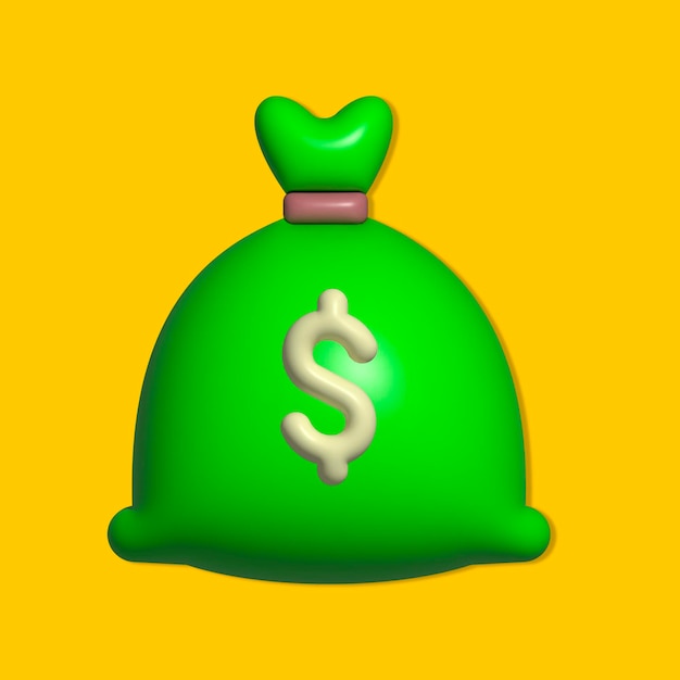 Vector bag of money, green 3d bag of money in yellow background