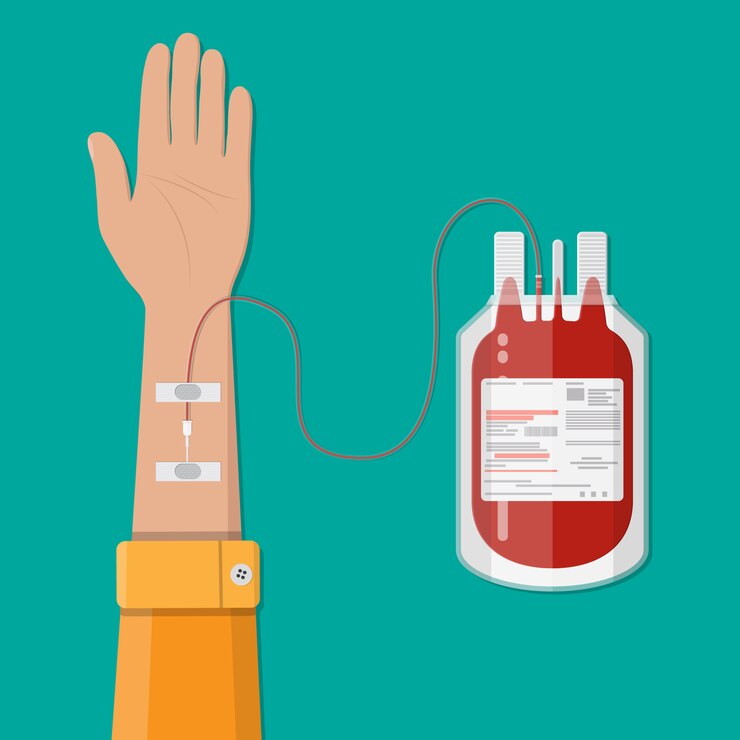 Vector bag with blood and hand of donor. donation concept
