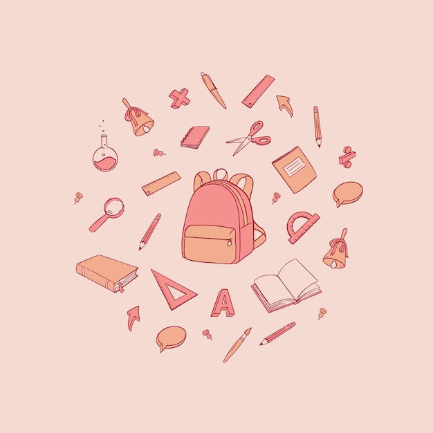 Bag with school supplies vector doodle illustration. Stationery set