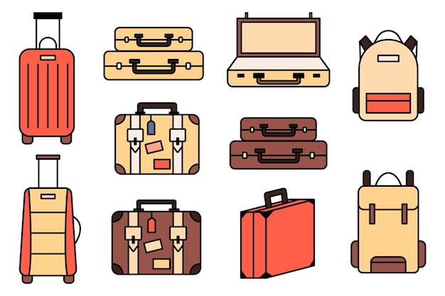 Bagage iconen set en collectie rugzak handtas koffer aktetas messenger bag trolley reistas dunne lijn iconen bewerkbare lijn pictogram vectorillustratie