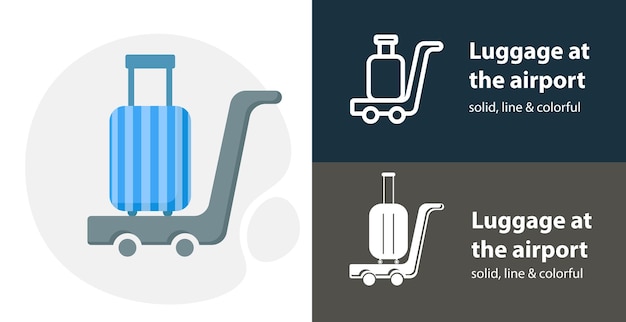 Bagage op het platte pictogram van de luchthaven met pictogram van de eenvoudige lijn van de luchthaven