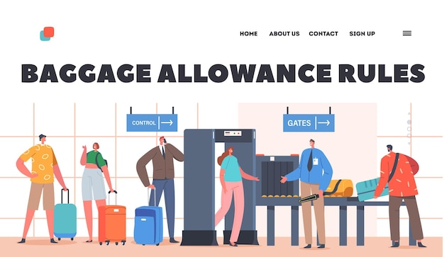 Vector baggage allowance rules landing page template characters pass airport security check passengers scanning baggage with metal detector security checkpoint gate cartoon vector illustration