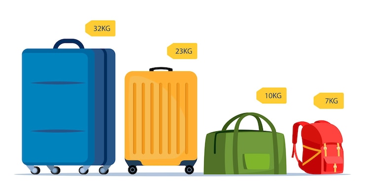 Vector baggage allowance wheeled suitcase backpack bag with dimensional arrows weight tag