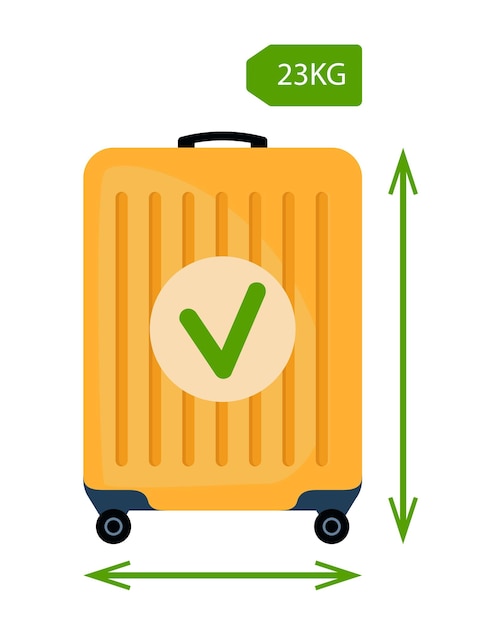 Baggage allowance wheeled suitcase with dimensional arrows and green confirmation