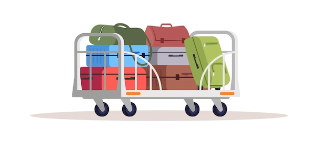 Vector baggage on cart semi flat rgb color vector illustration. airport cargo shipping services. logistics and shipment. deliver suitcases. handbags isolated cartoon object on white background