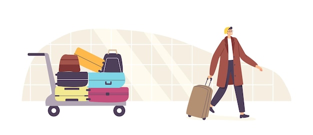 Baggage claim, plane arrival, tourism travel concept. tourist male character with suitcase in airport. man with luggage walk to registration or airplane departure. cartoon people vector illustration