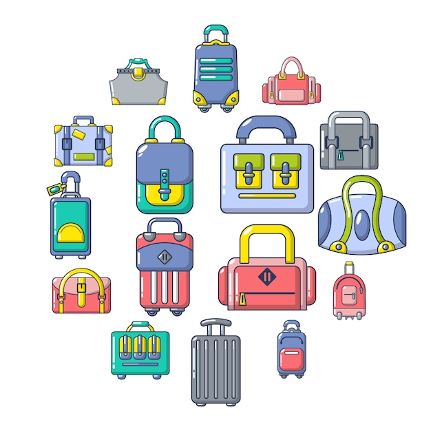Baggage koffer icon set, cartoon stijl